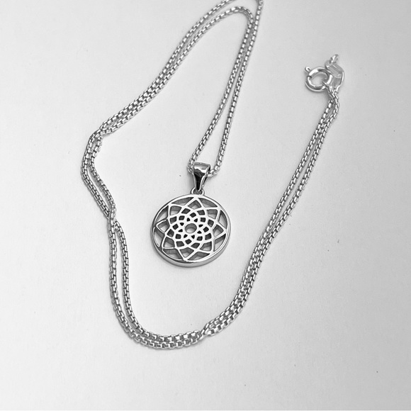 Sterling Silver Mandala Necklace, Boho Necklace, Silver Chain, Flower Necklace - Picture 2 of 15